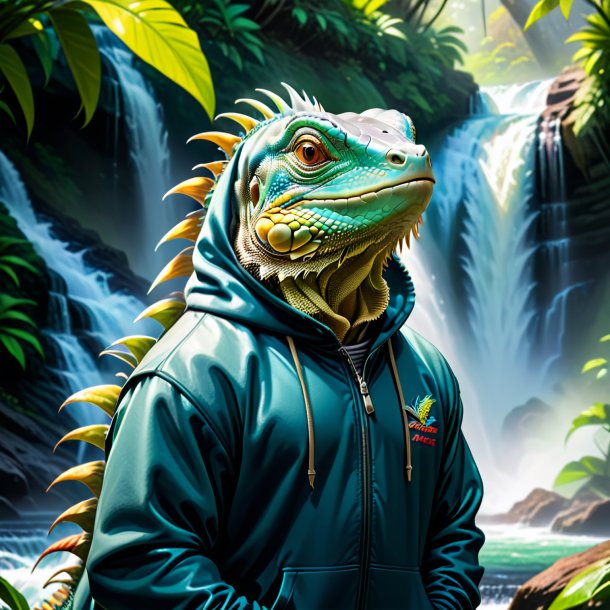 Drawing of a iguana in a hoodie in the waterfall