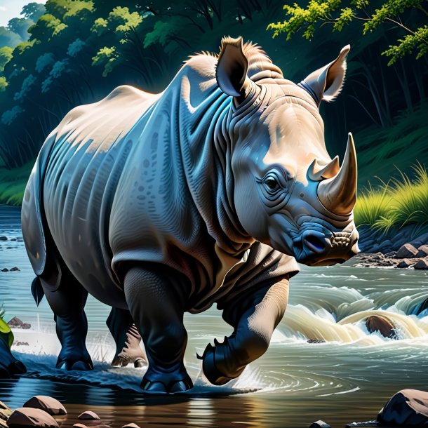 Drawing of a rhinoceros in a coat in the river