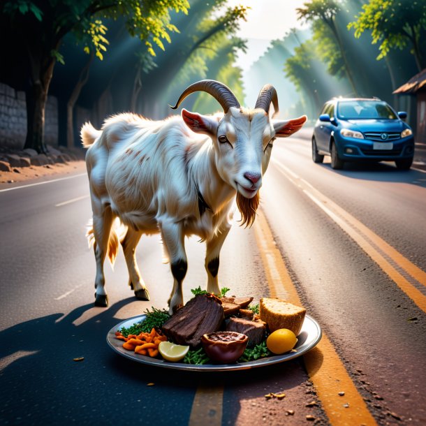 Image of a eating of a goat on the road