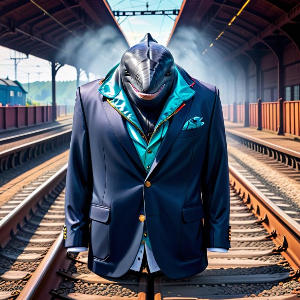 Pic of a whale in a jacket on the railway tracks