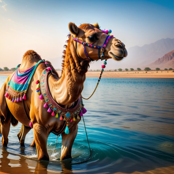 Photo of a camel in a dress in the water