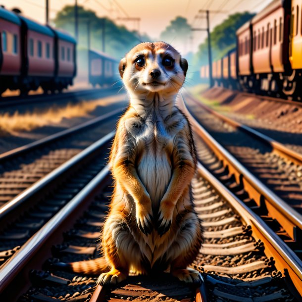 Photo d'une attente d'un meerkat sur les voies ferrées