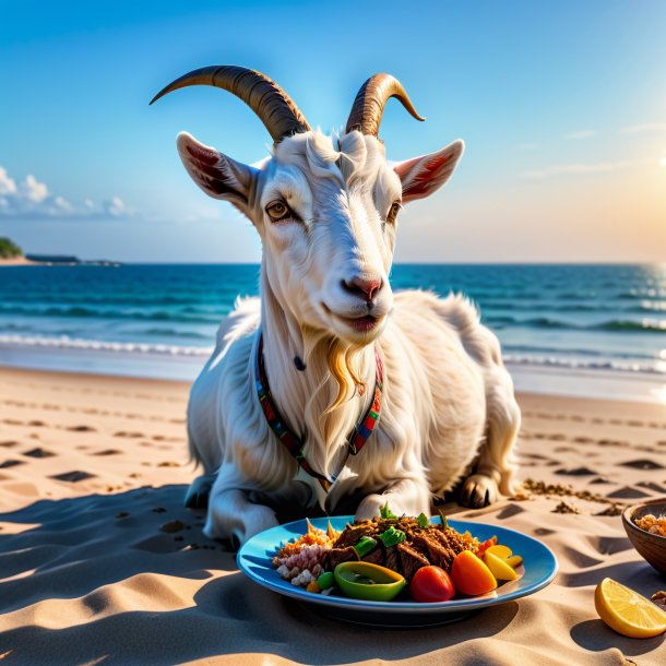 Imagem de um comer de uma cabra na praia