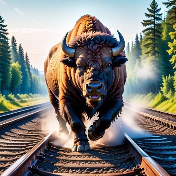 Photo of a swimming of a bison on the railway tracks