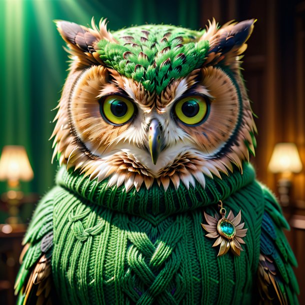 Image of a owl in a green sweater