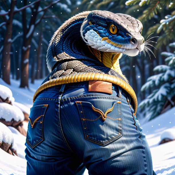 Illustration of a cobra in a jeans in the snow