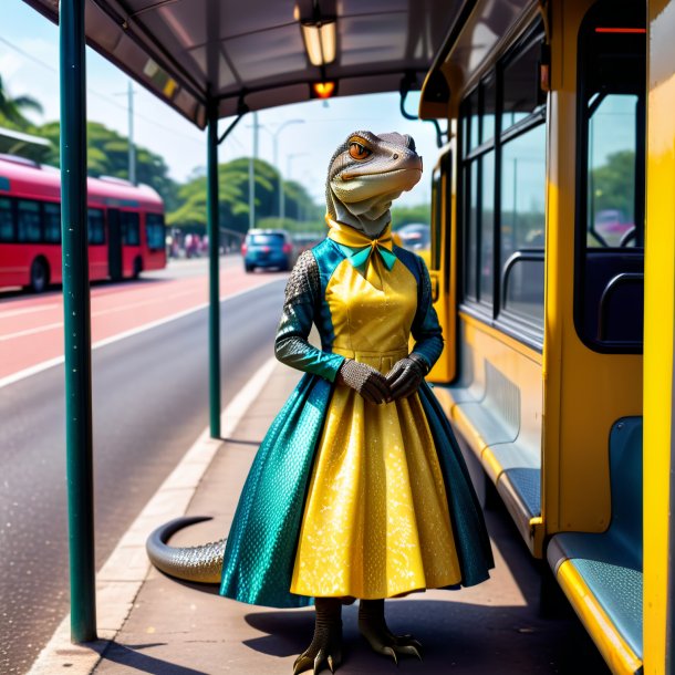 Imagem de um lagarto monitor em um vestido no ponto de ônibus