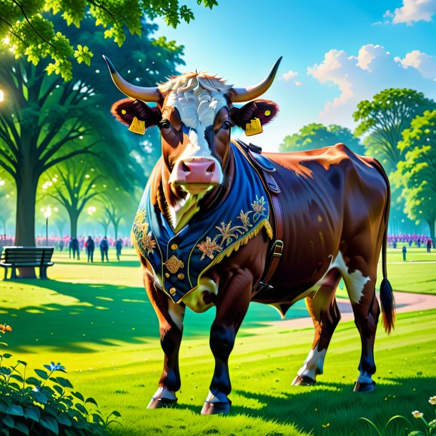 Illustration of a cow in a vest in the park