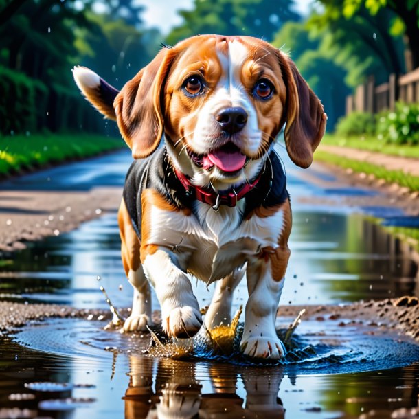 Photo of a playing of a beagle in the puddle