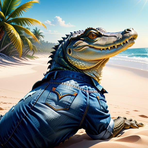 Illustration d'un alligator dans un jean sur la plage