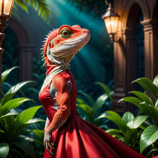 Foto de un lagarto en un vestido rojo