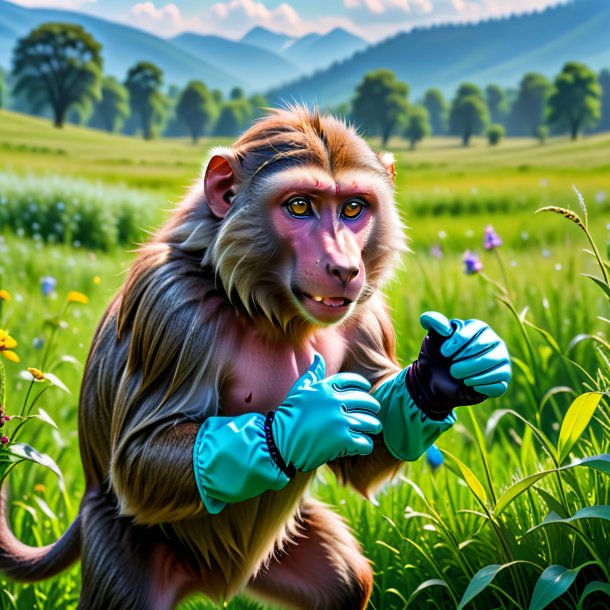 Image of a baboon in a gloves in the meadow