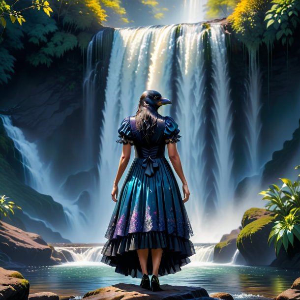 Image of a crow in a dress in the waterfall