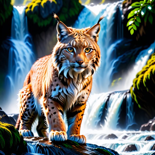 Photo of a lynx in a gloves in the waterfall