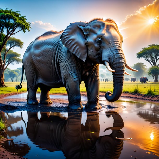 Photo of a resting of a elephant in the puddle