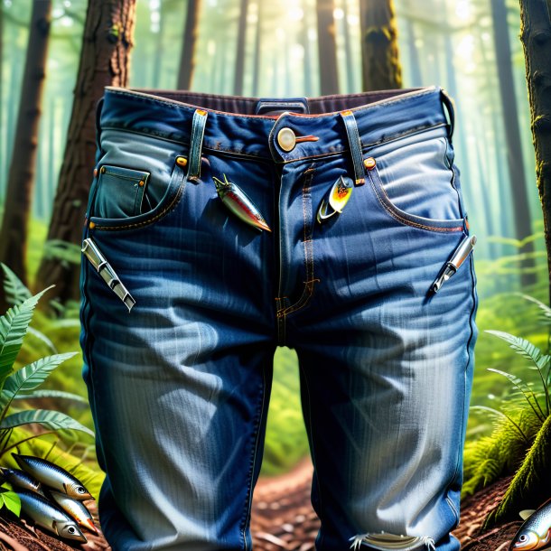 Imagem de uma sardinha em um jeans na floresta