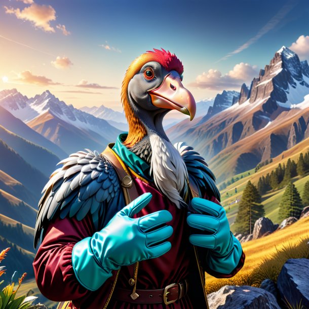 Illustration of a dodo in a gloves in the mountains