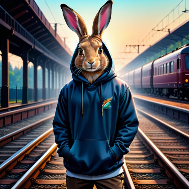 Drawing of a hare in a hoodie on the railway tracks