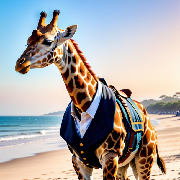 Picture of a giraffe in a vest on the beach