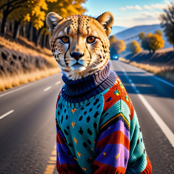 Picture of a cheetah in a sweater on the road