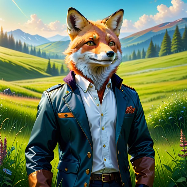 Illustration of a fox in a jacket in the meadow