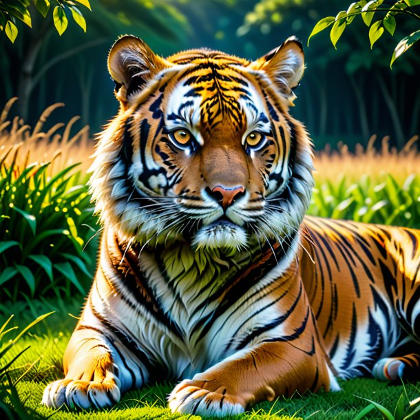 Image of a resting of a tiger on the field