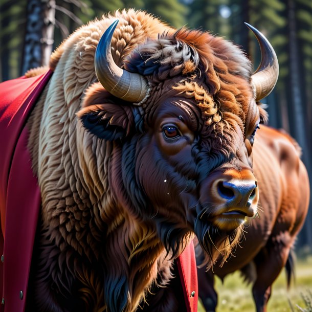 Imagen de un bisonte en un abrigo rojo