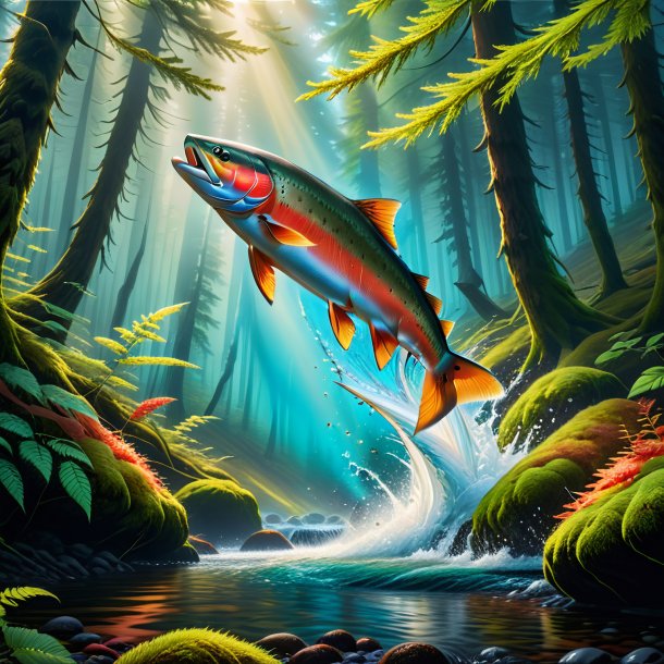 Image of a jumping of a salmon in the forest