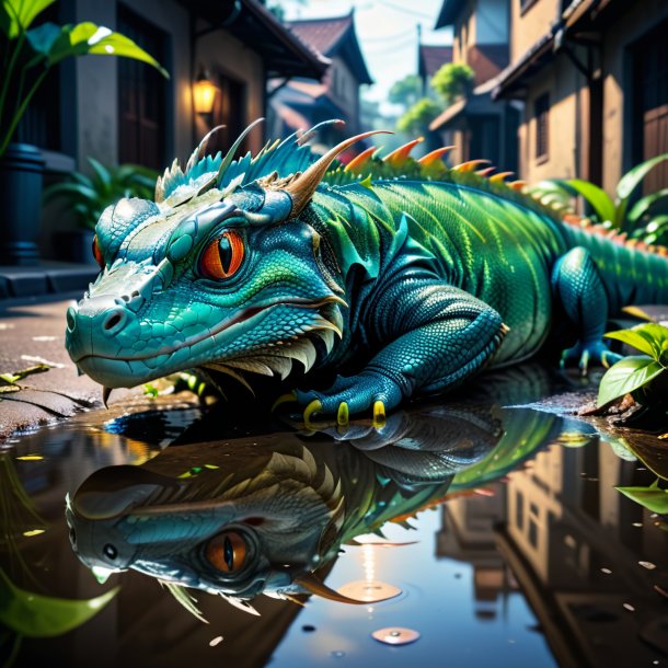 Image of a resting of a basilisk in the puddle