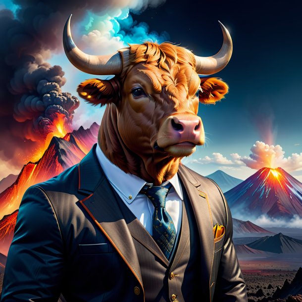 Illustration of a bull in a jacket in the volcano