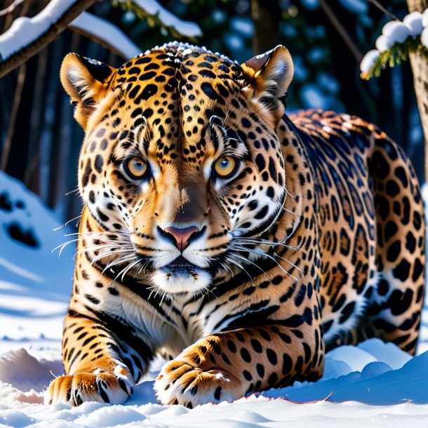 Foto de um jaguar comendo na neve