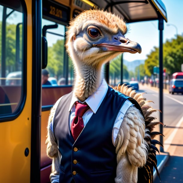 Picture of a ostrich in a vest on the bus stop