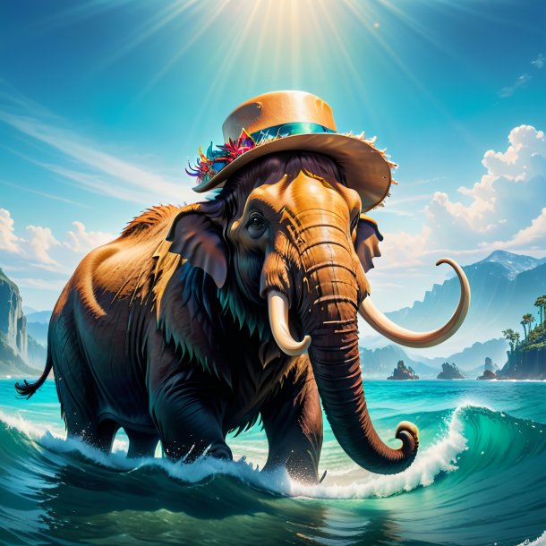 Image of a mammoth in a hat in the sea