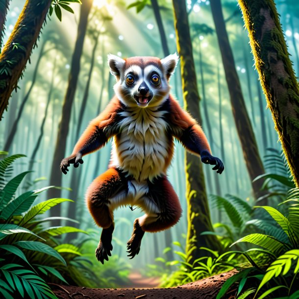 Pic of a jumping of a lemur in the forest