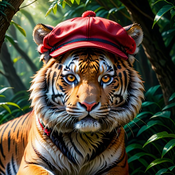 Foto de un tigre en una gorra roja