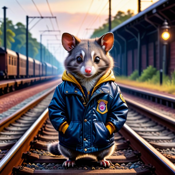 Foto de la zarigüeya en la chaqueta sobre las vías del tren