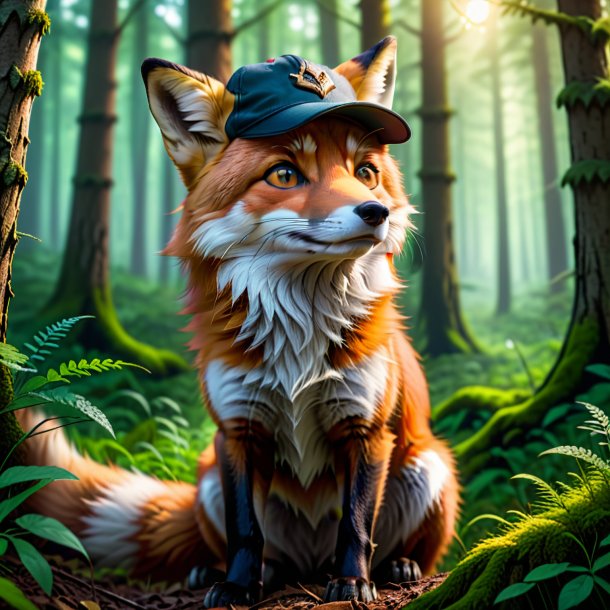 Pic d'un renard dans une casquette dans la forêt