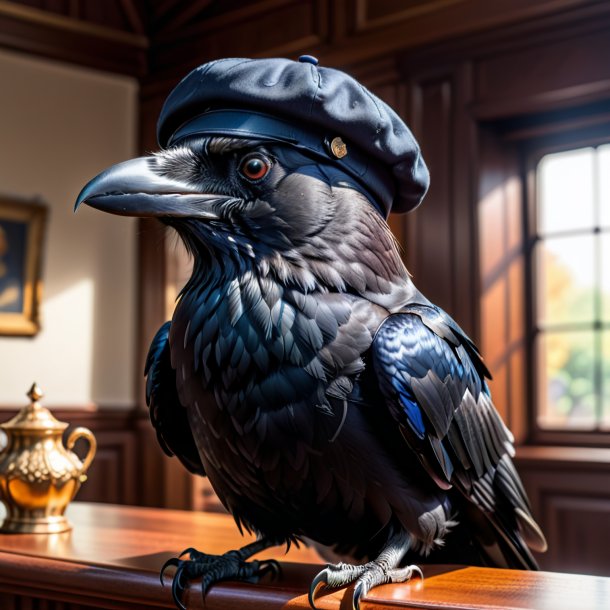 Photo of a crow in a cap in the house