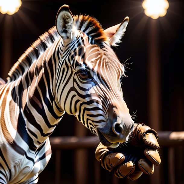 Picture of a zebra in a brown gloves