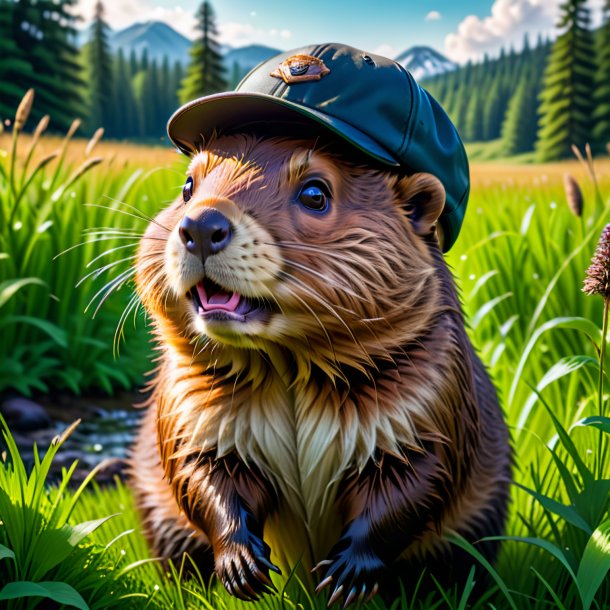 Image of a beaver in a cap in the meadow