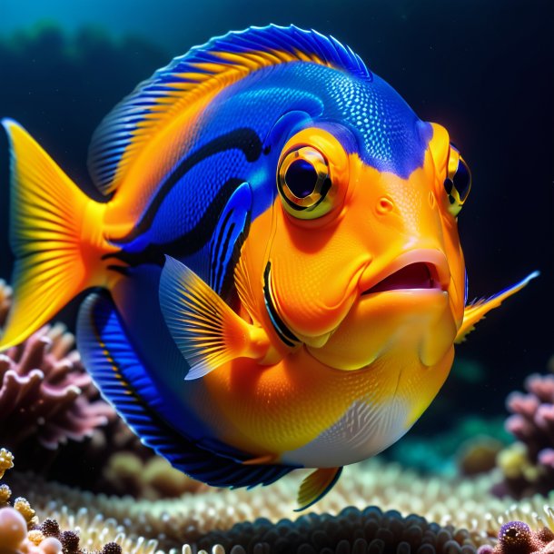 Pic of a blue tang in a orange jacket