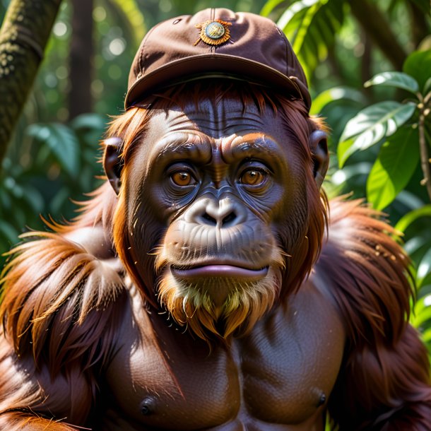 Picture of a orangutan in a brown cap