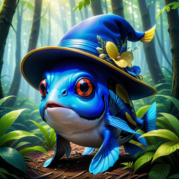 Illustration of a blue tang in a hat in the forest