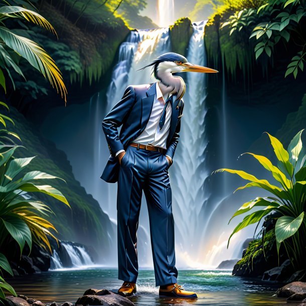 Photo of a heron in a trousers in the waterfall