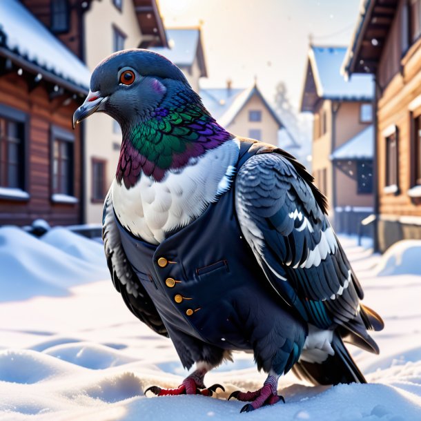 Photo of a pigeon in a trousers in the snow