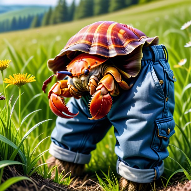 Image d'un crabe ermite dans un pantalon dans la prairie