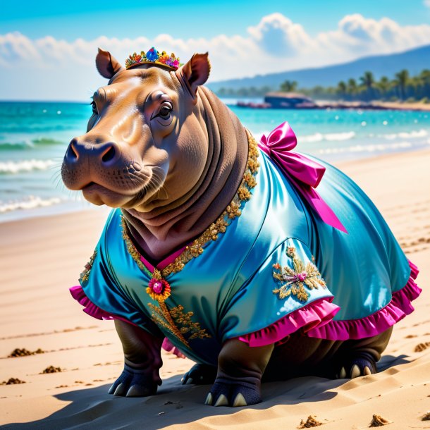 Photo of a hippopotamus in a dress on the beach