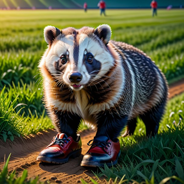 Photo of a badger in a shoes on the field