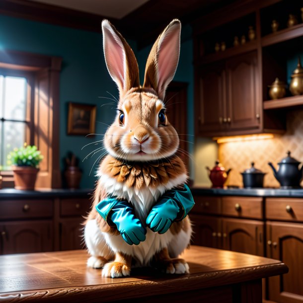 Foto de un conejo en guantes en la casa