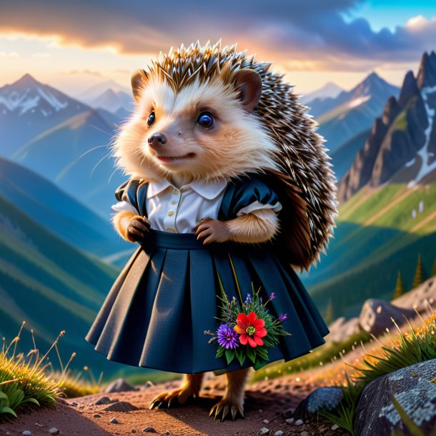 Image of a hedgehog in a skirt in the mountains